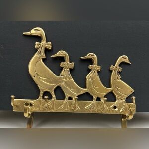 Vintage Brass Geese Family Key Holder,5 Hooks ,Mother Goose & Goslings Rack